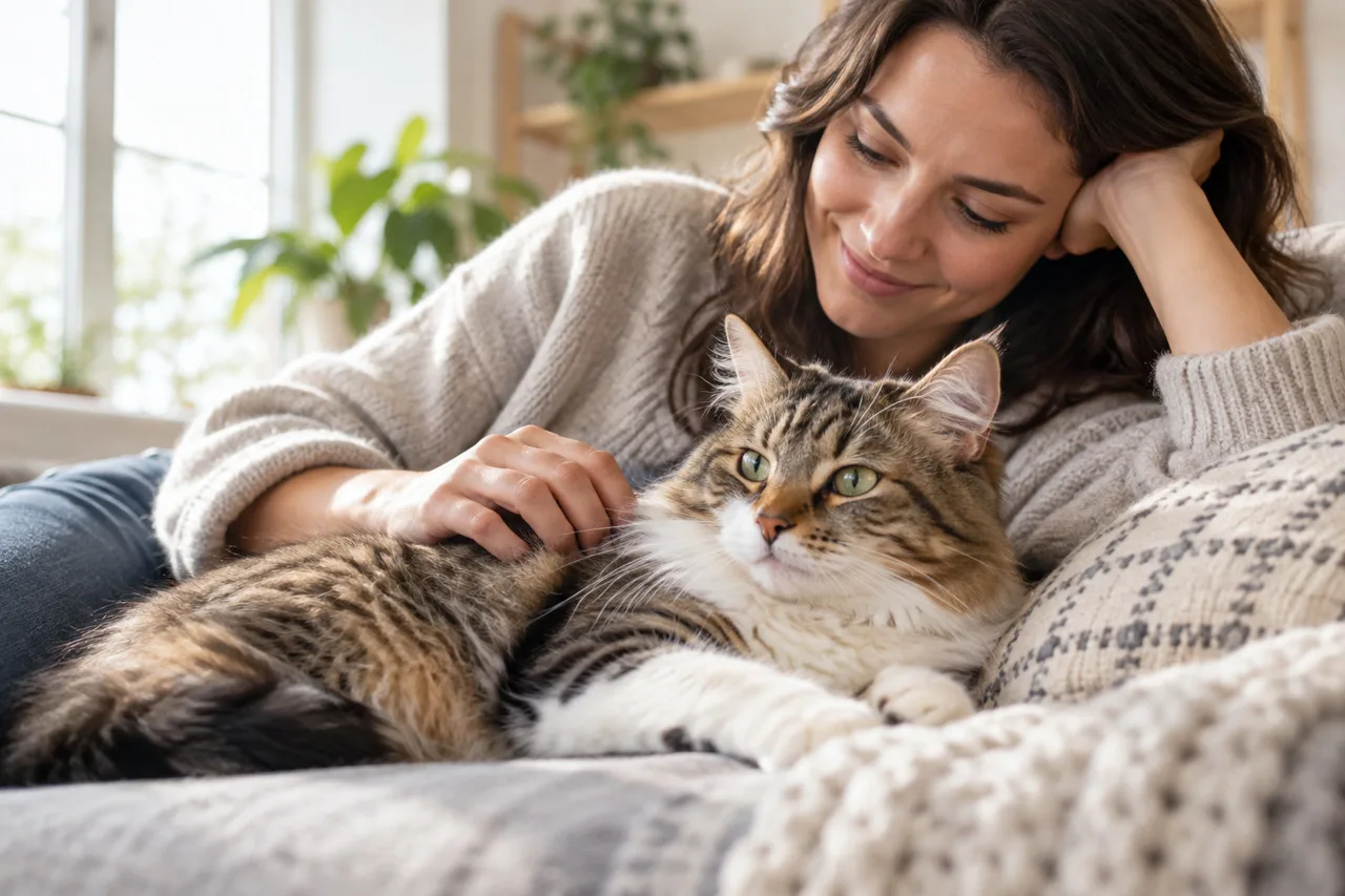 Owner relaxing beside a cat