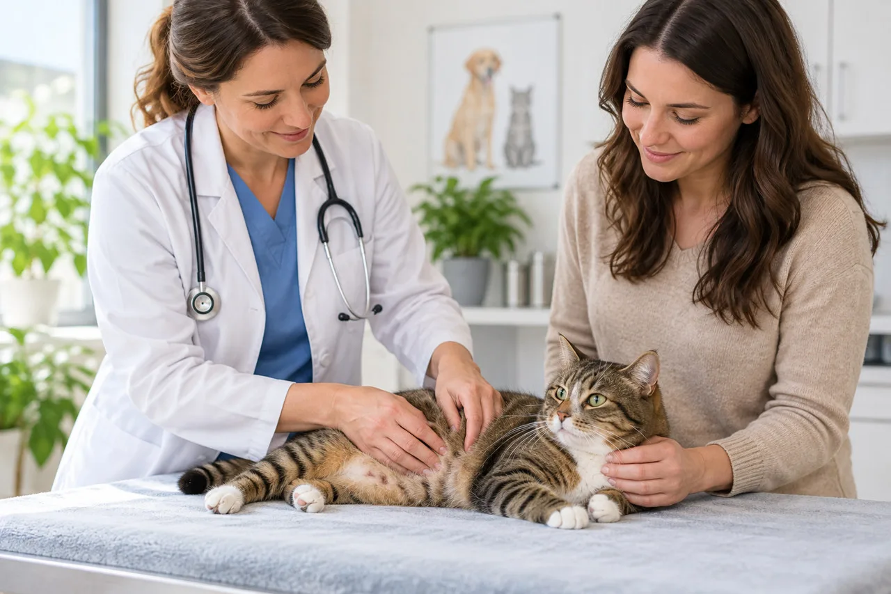 Veterinarian and owner consulting beside a cat